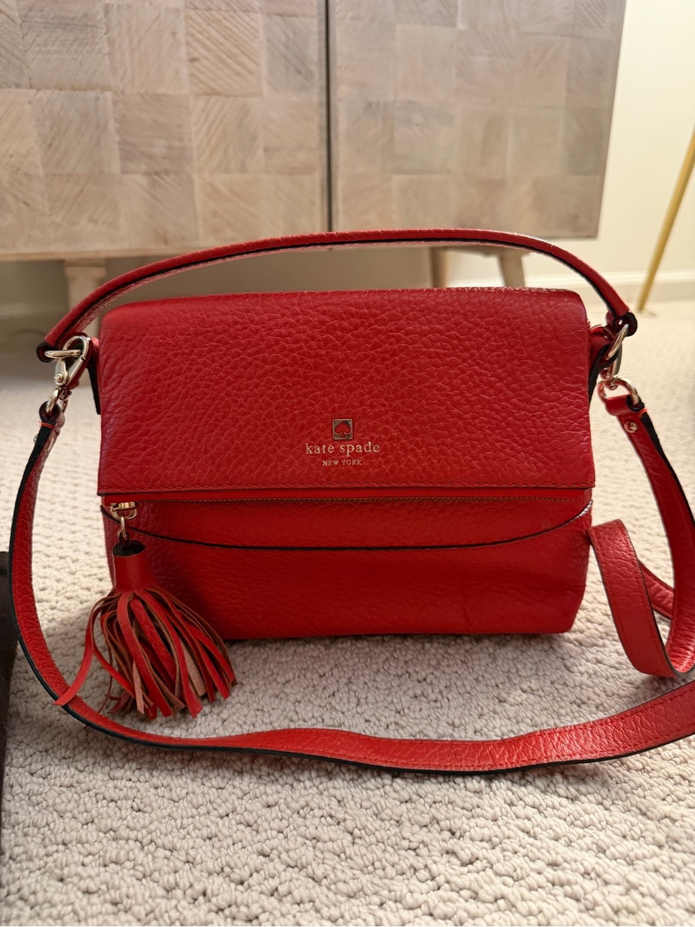 Kate Spade Pebbled Red Leather Top Handle Satchel Bag with Crossbody Strap